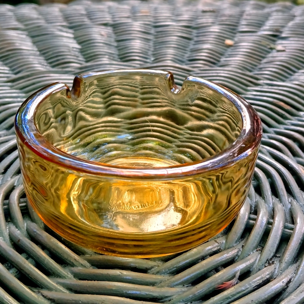 Vintage Round Amber Glass Ashtray 2 slot thick bowl shaped
